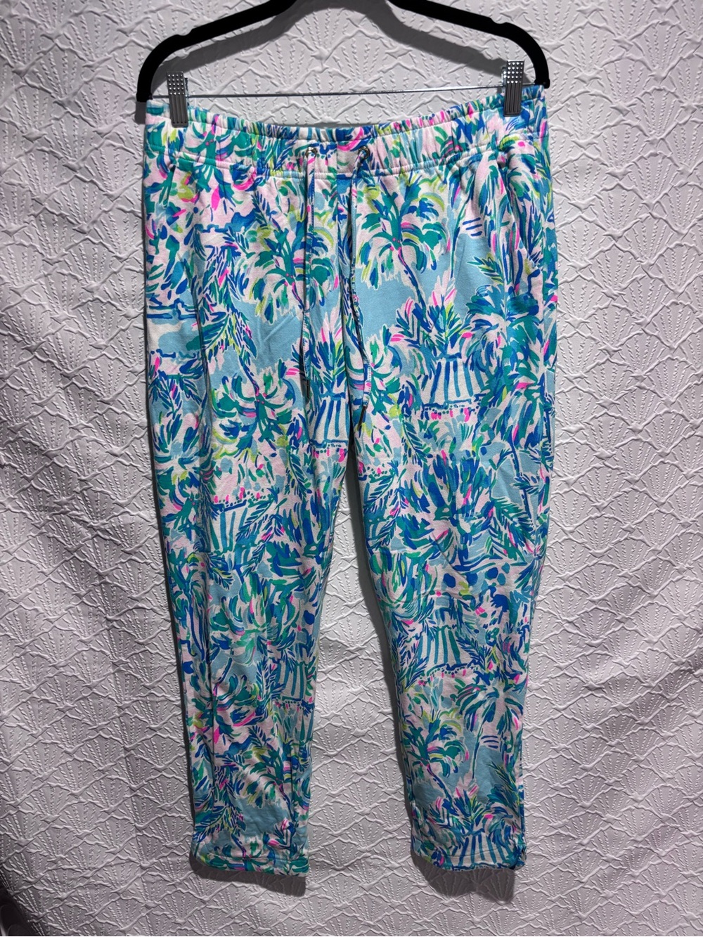 Lilly Pulitzer Tropical Print Pull On Pants Size L Blue Green Pink Resort Beach
